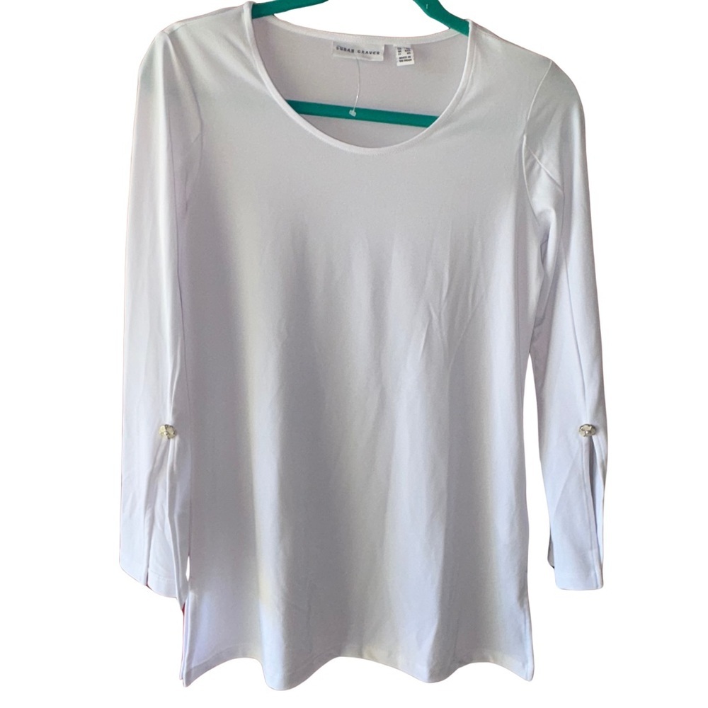 Susan Graver Fitted White Button Embellished Sleeve Blouse NWOT